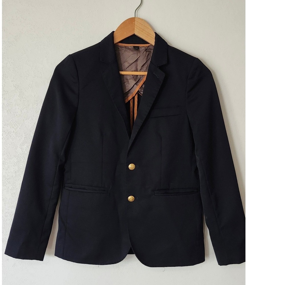 Crewcuts Boys Ludlow Two-Button Blazer Navy Wool Blend Gold Anchor Buttons 14